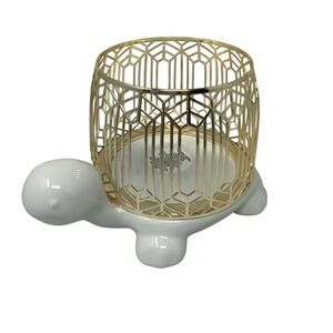 New Bath & Body Works White Ceramic Turtle with Gold Cage‎ 3 Wick Candle Holder